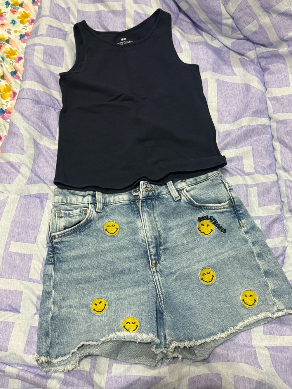 H&M Black Tank Top with Light Blue Denim Smile Patch Shorts